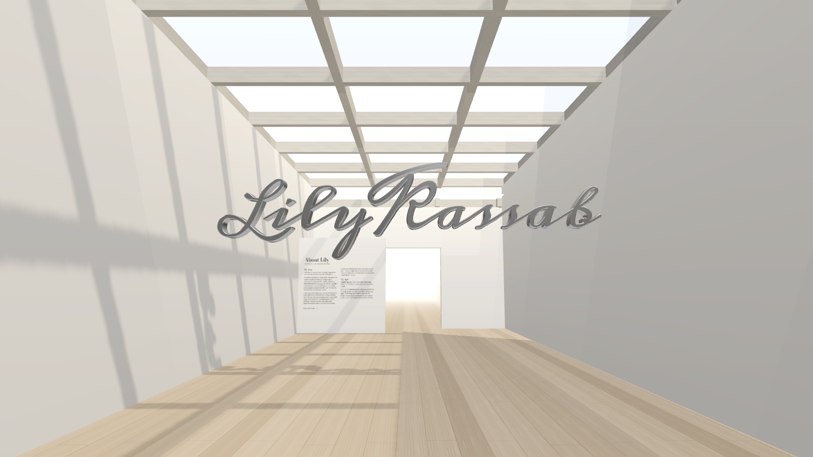 The foyer of the 3D gallery: the Lily Kassab wordmark in floating chrome
